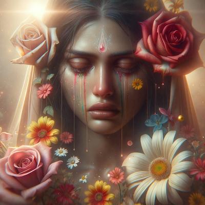 The primary subject of the image is a woman with a tear on her face, surrounded by a beautiful floral arrangement. The setting is a garden, with the woman lying down in the middle of the flowers. The visual style is digital art, and the colors and mood are serene and emotional.